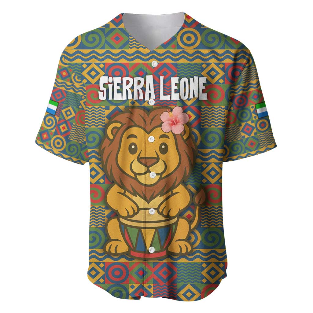Sierra Leone Baseball Jersey with Cute Lion Playing Djembe Drum and Tribal Pattern Design