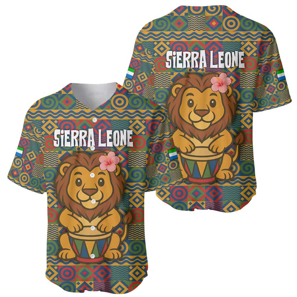 Sierra Leone Baseball Jersey with Cute Lion Playing Djembe Drum and Tribal Pattern Design