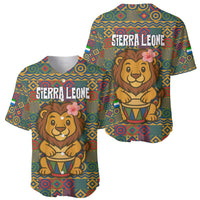 Sierra Leone Baseball Jersey with Cute Lion Playing Djembe Drum and Tribal Pattern Design