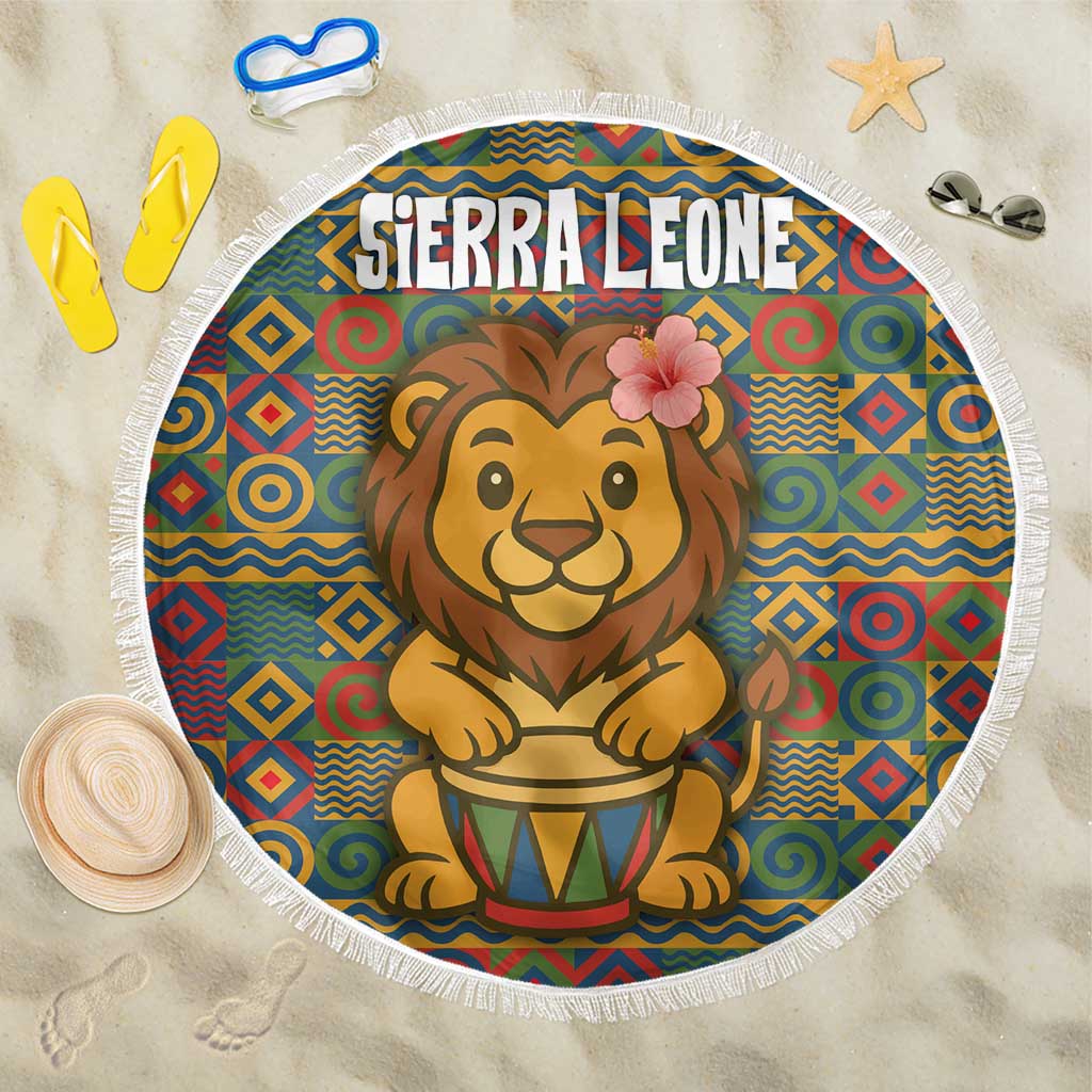 Sierra Leone Beach Blanket with Cute Lion Playing Djembe Drum and Tribal Pattern Design
