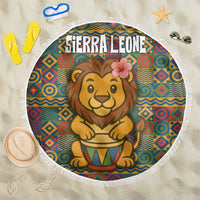 Sierra Leone Beach Blanket with Cute Lion Playing Djembe Drum and Tribal Pattern Design