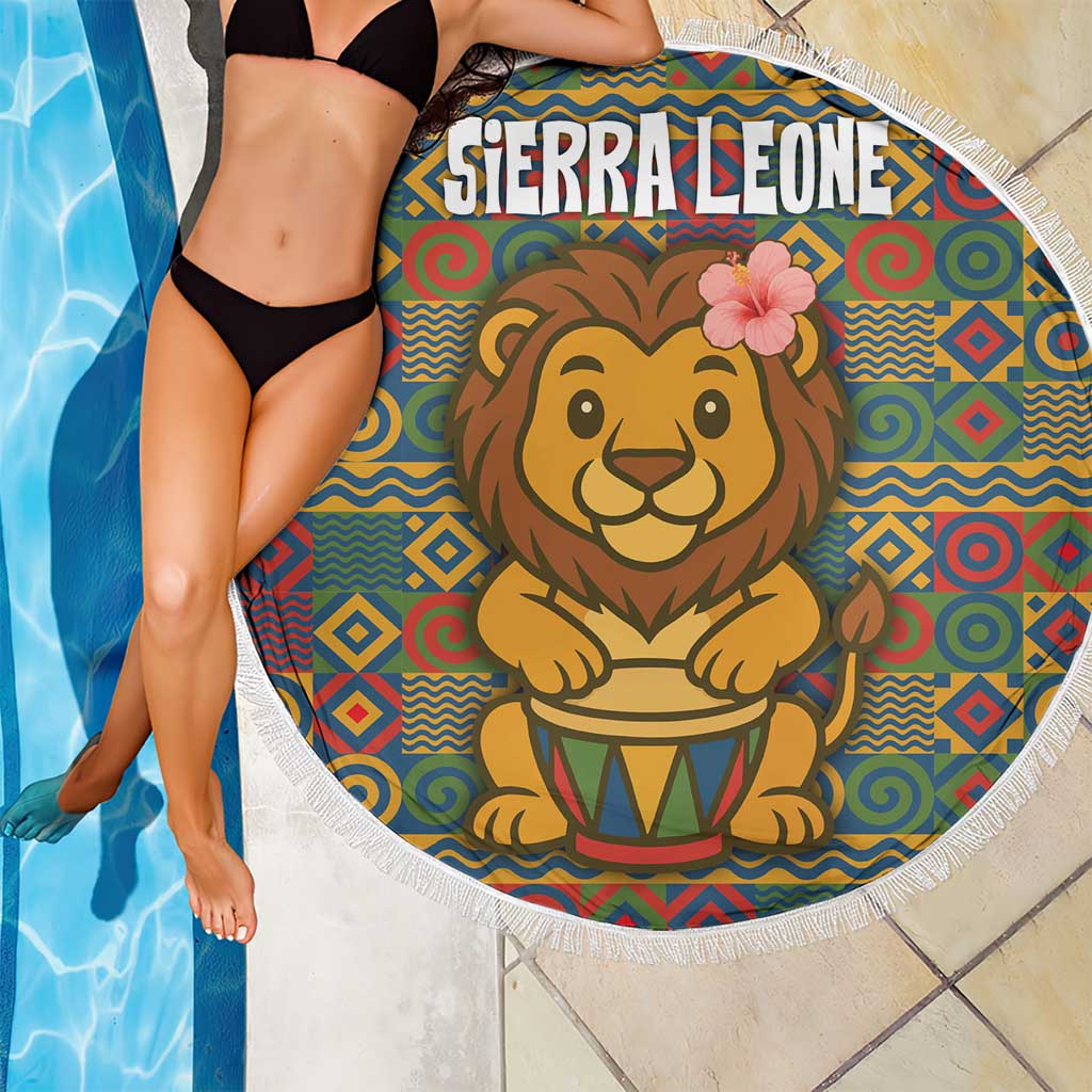 Sierra Leone Beach Blanket with Cute Lion Playing Djembe Drum and Tribal Pattern Design
