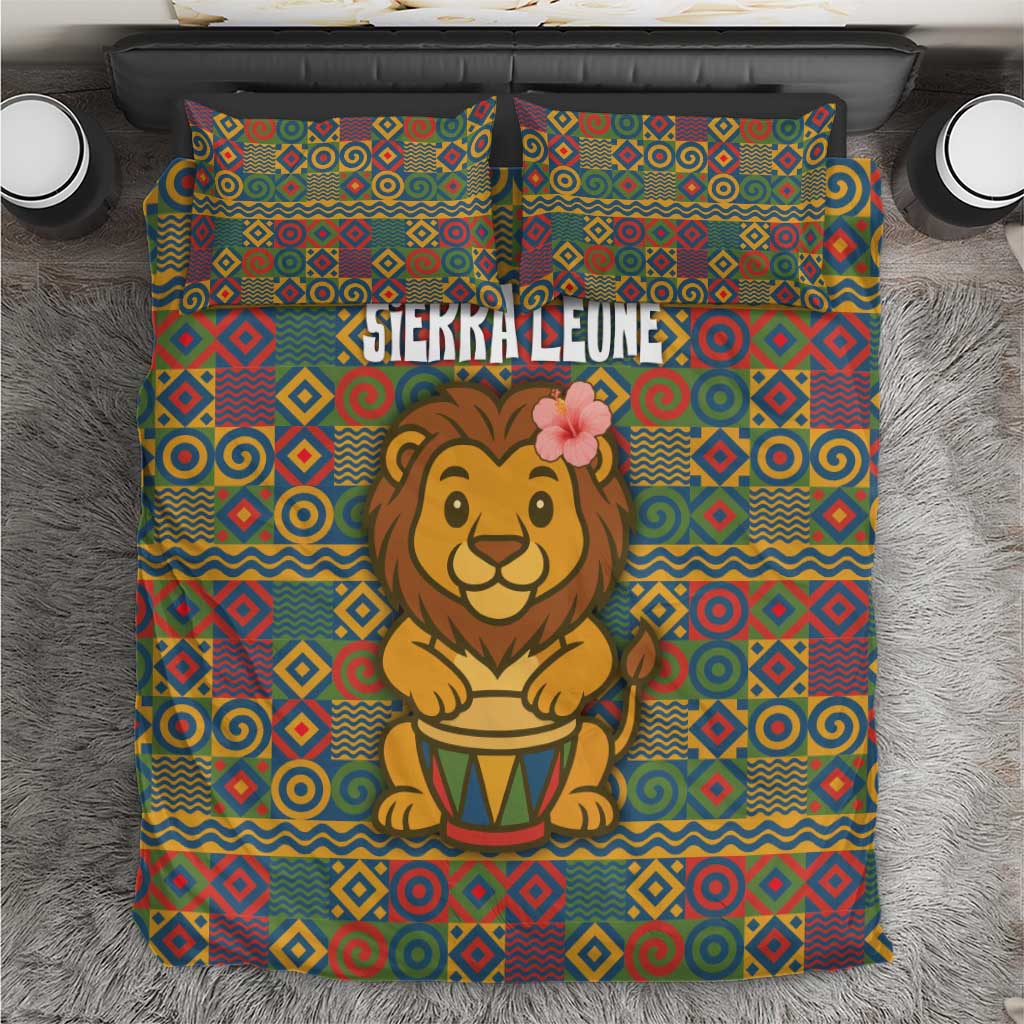Sierra Leone Bedding Set with Cute Lion Playing Djembe Drum and Tribal Pattern Design