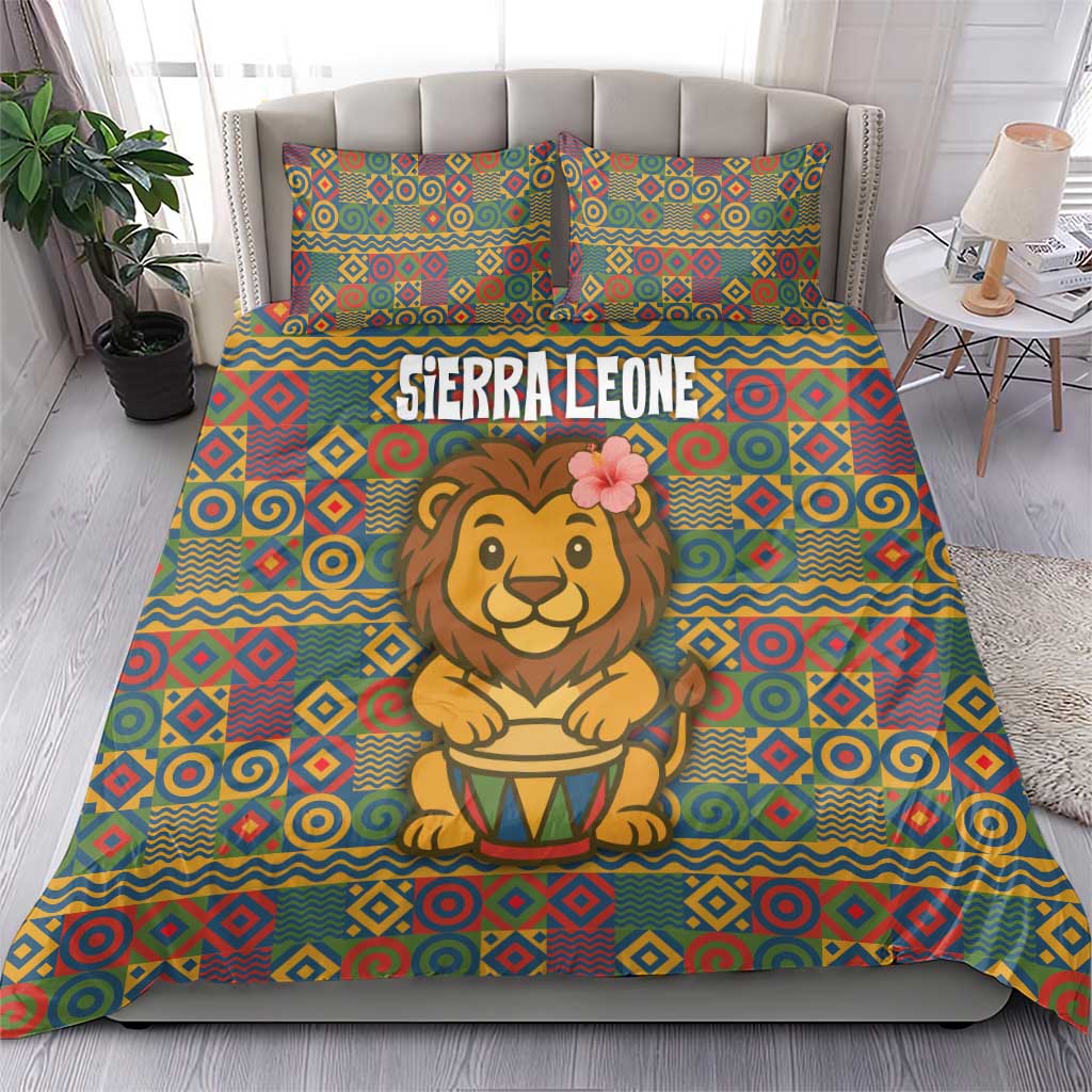Sierra Leone Bedding Set with Cute Lion Playing Djembe Drum and Tribal Pattern Design