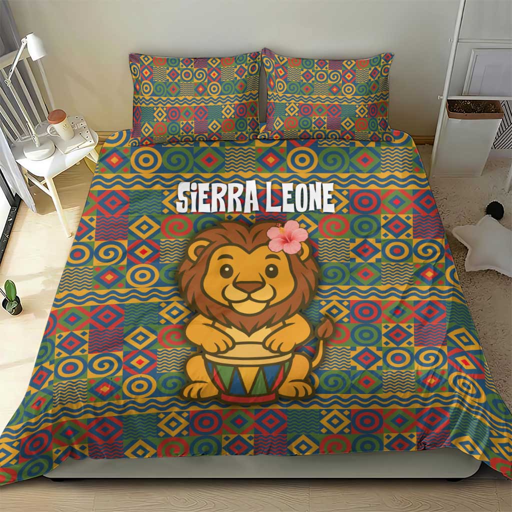 Sierra Leone Bedding Set with Cute Lion Playing Djembe Drum and Tribal Pattern Design
