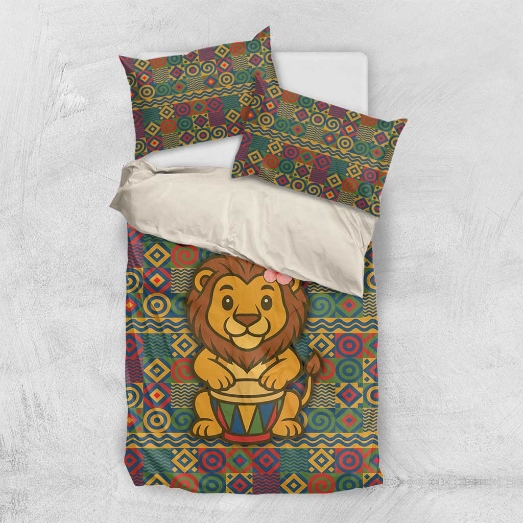 Sierra Leone Bedding Set with Cute Lion Playing Djembe Drum and Tribal Pattern Design
