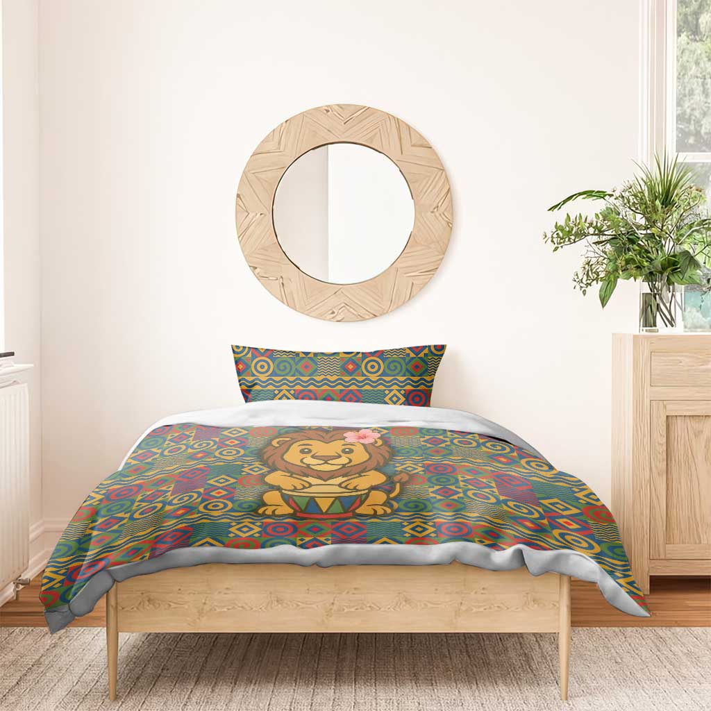 Sierra Leone Bedding Set with Cute Lion Playing Djembe Drum and Tribal Pattern Design