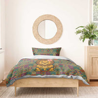 Sierra Leone Bedding Set with Cute Lion Playing Djembe Drum and Tribal Pattern Design