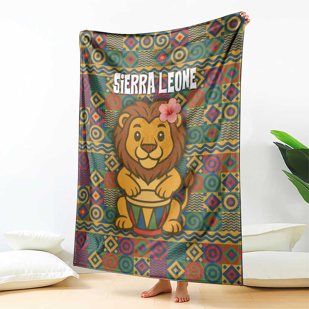 Sierra Leone Blanket with Cute Lion Playing Djembe Drum and Tribal Pattern Design