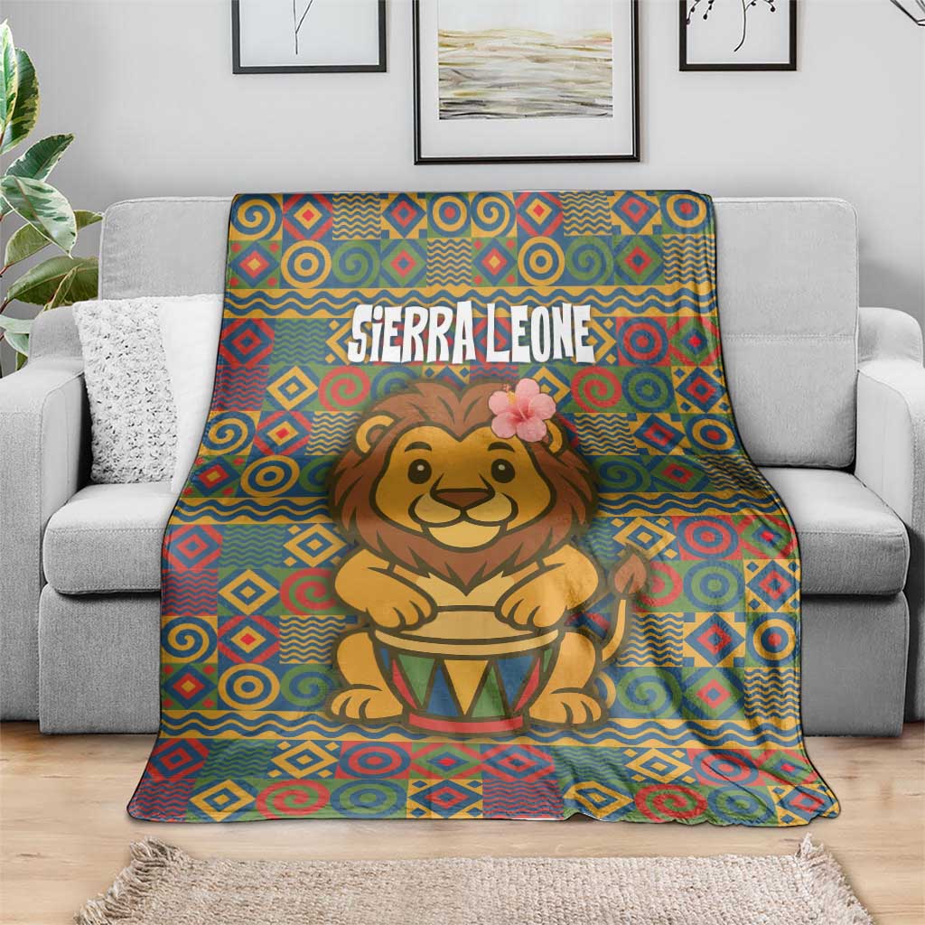 Sierra Leone Blanket with Cute Lion Playing Djembe Drum and Tribal Pattern Design