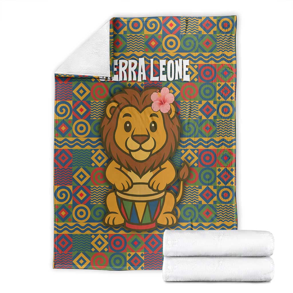 Sierra Leone Blanket with Cute Lion Playing Djembe Drum and Tribal Pattern Design