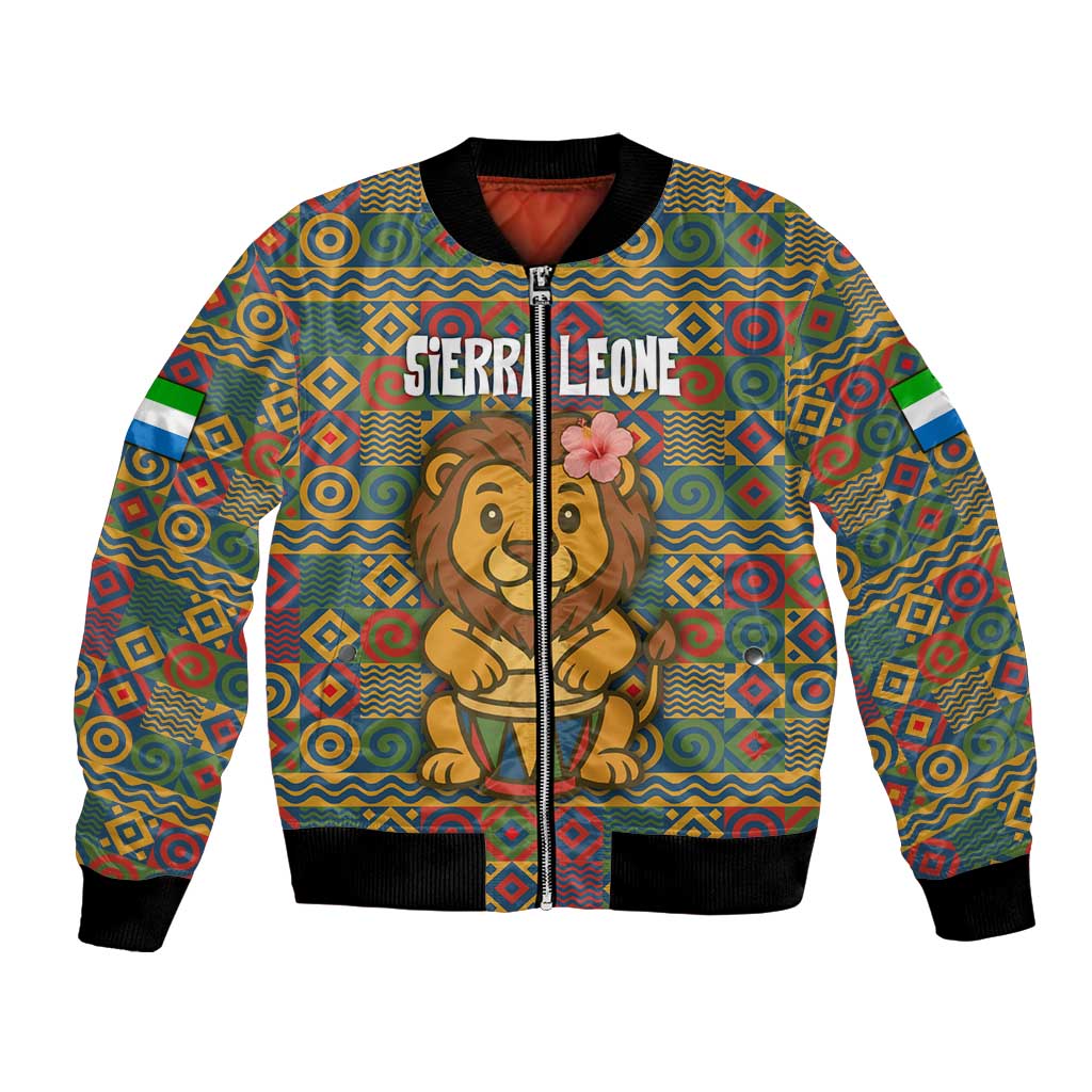 Sierra Leone Bomber Jacket with Cute Lion Playing Djembe Drum and Tribal Pattern Design