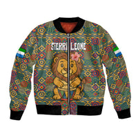 Sierra Leone Bomber Jacket with Cute Lion Playing Djembe Drum and Tribal Pattern Design