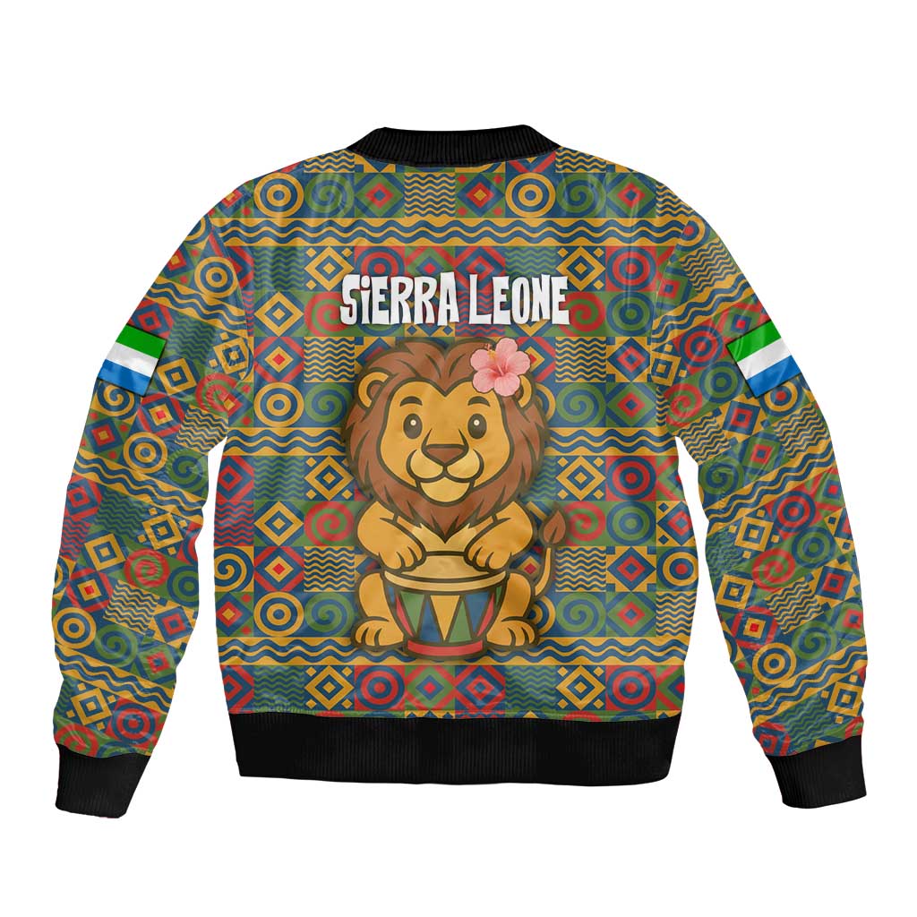 Sierra Leone Bomber Jacket with Cute Lion Playing Djembe Drum and Tribal Pattern Design