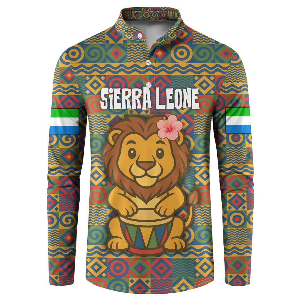 Sierra Leone Button Sweatshirt with Cute Lion Playing Djembe Drum and Tribal Pattern Design