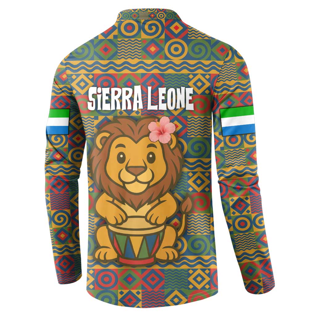 Sierra Leone Button Sweatshirt with Cute Lion Playing Djembe Drum and Tribal Pattern Design