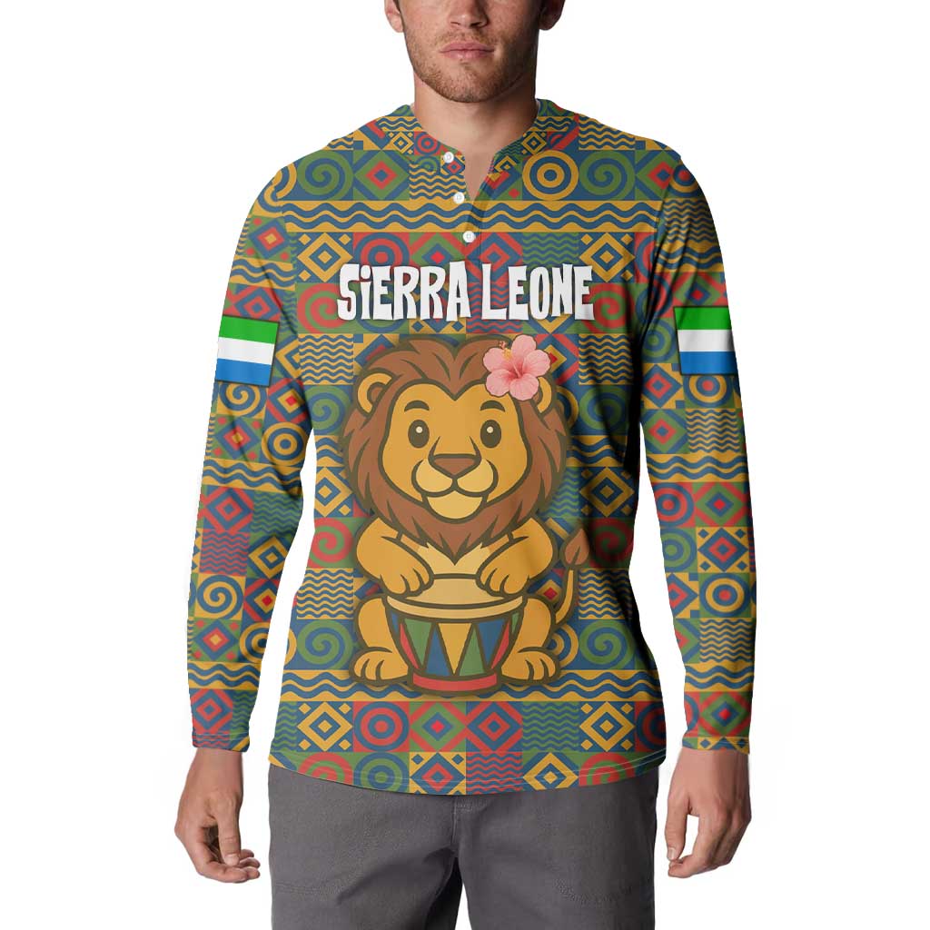 Sierra Leone Button Sweatshirt with Cute Lion Playing Djembe Drum and Tribal Pattern Design