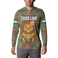 Sierra Leone Button Sweatshirt with Cute Lion Playing Djembe Drum and Tribal Pattern Design