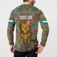 Sierra Leone Button Sweatshirt with Cute Lion Playing Djembe Drum and Tribal Pattern Design