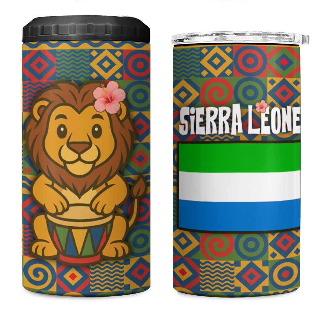 Sierra Leone 4 in 1 Can Cooler Tumbler with Cute Lion Playing Djembe Drum and Tribal Pattern Design