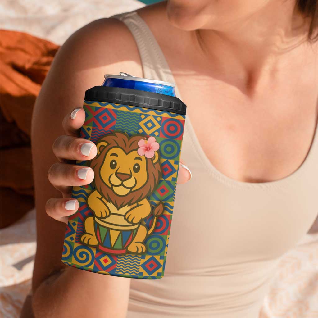 Sierra Leone 4 in 1 Can Cooler Tumbler with Cute Lion Playing Djembe Drum and Tribal Pattern Design