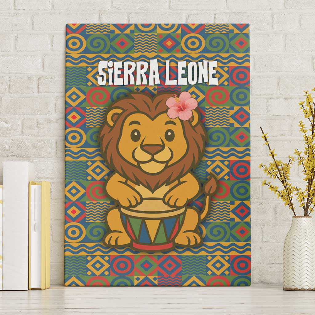 Sierra Leone Canvas Wall Art with Cute Lion Playing Djembe Drum and Tribal Pattern Design
