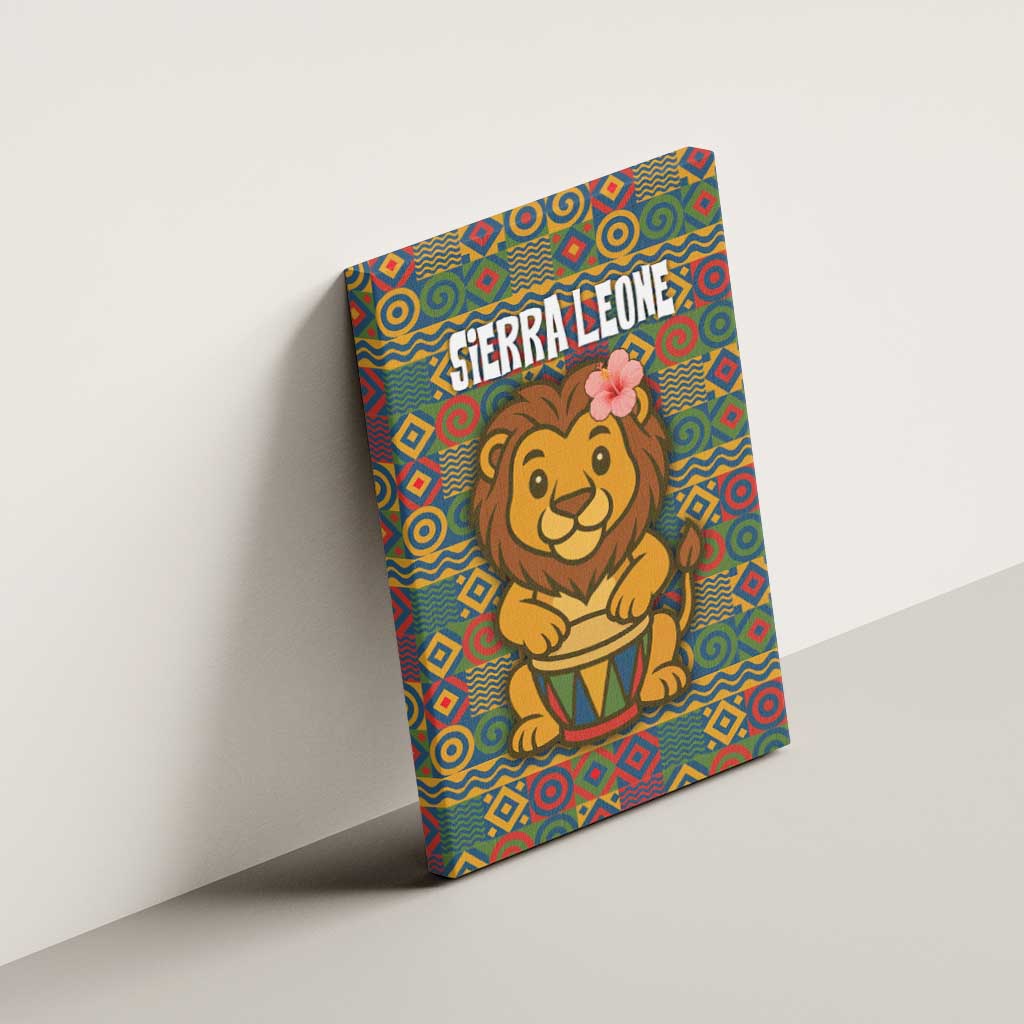Sierra Leone Canvas Wall Art with Cute Lion Playing Djembe Drum and Tribal Pattern Design