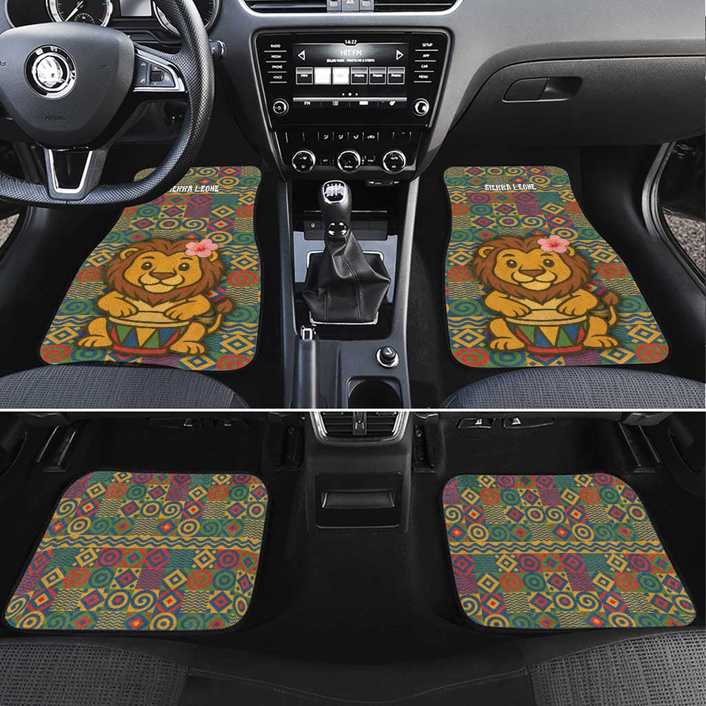 Sierra Leone Car Mats with Cute Lion Playing Djembe Drum and Tribal Pattern Design