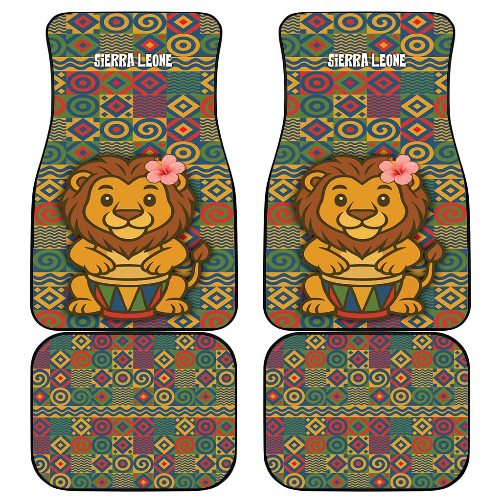 Sierra Leone Car Mats with Cute Lion Playing Djembe Drum and Tribal Pattern Design