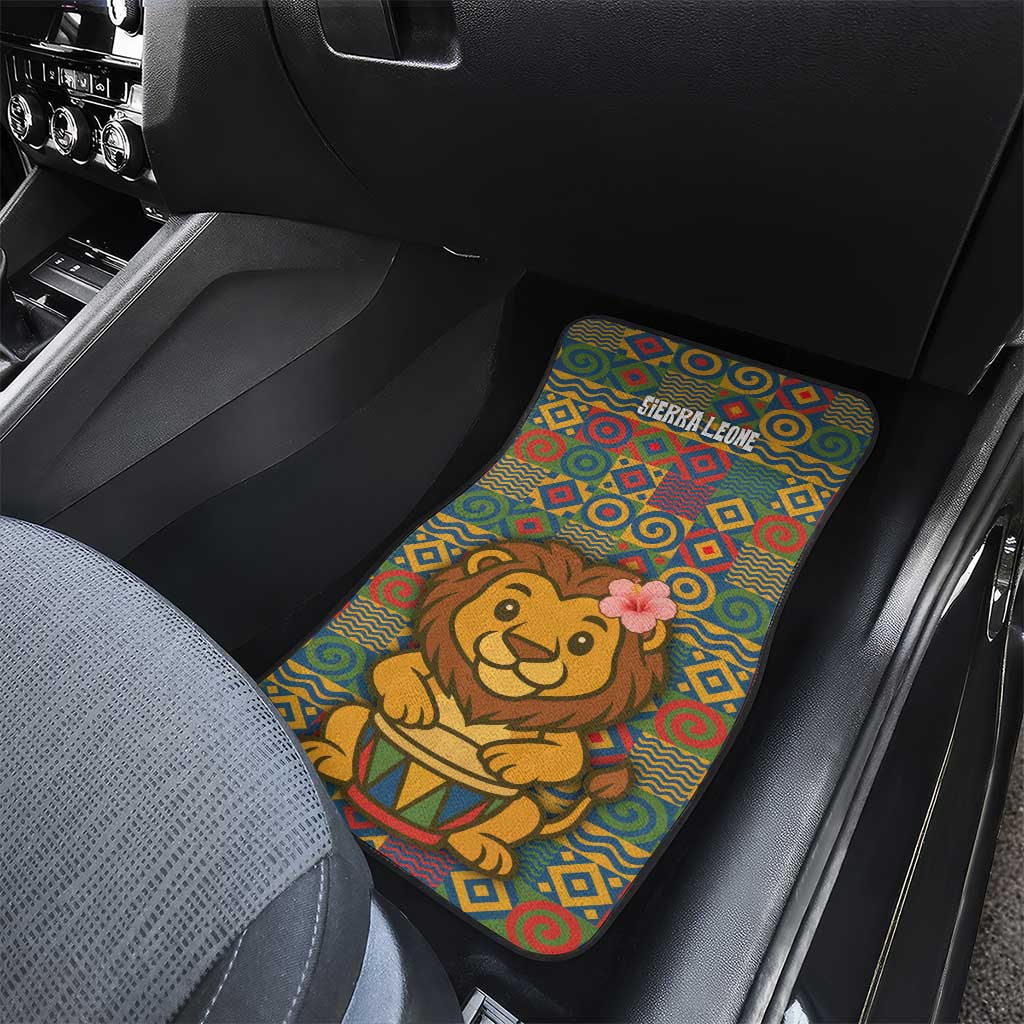 Sierra Leone Car Mats with Cute Lion Playing Djembe Drum and Tribal Pattern Design