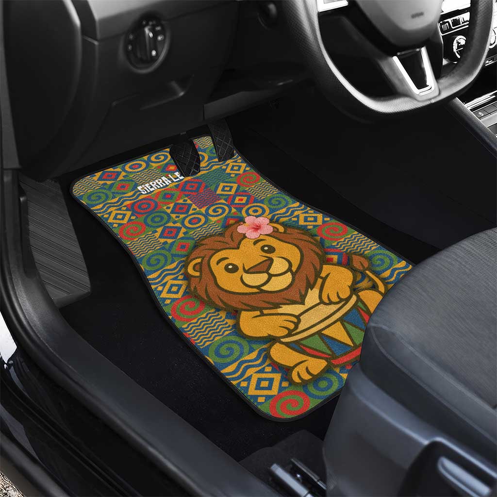 Sierra Leone Car Mats with Cute Lion Playing Djembe Drum and Tribal Pattern Design