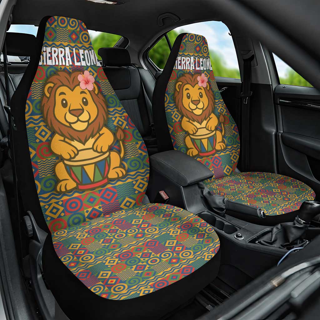 Sierra Leone Car Seat Cover with Cute Lion Playing Djembe Drum and Tribal Pattern Design