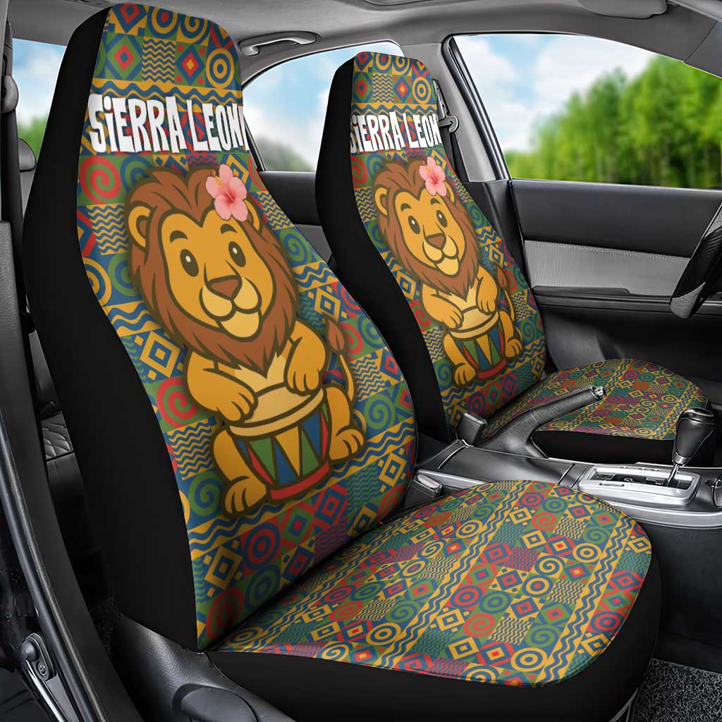 Sierra Leone Car Seat Cover with Cute Lion Playing Djembe Drum and Tribal Pattern Design