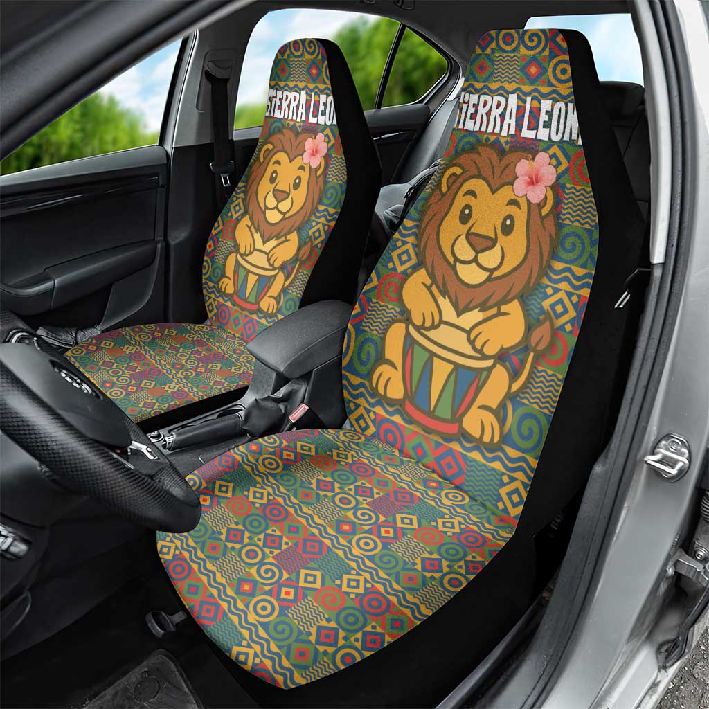 Sierra Leone Car Seat Cover with Cute Lion Playing Djembe Drum and Tribal Pattern Design