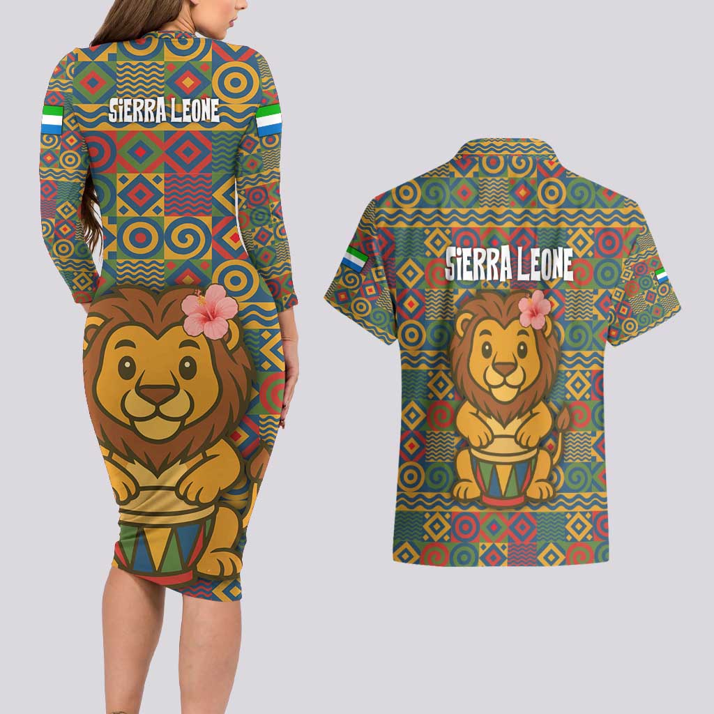 Sierra Leone Couples Matching Long Sleeve Bodycon Dress and Hawaiian Shirt with Cute Lion Playing Djembe Drum and Tribal Pattern Design