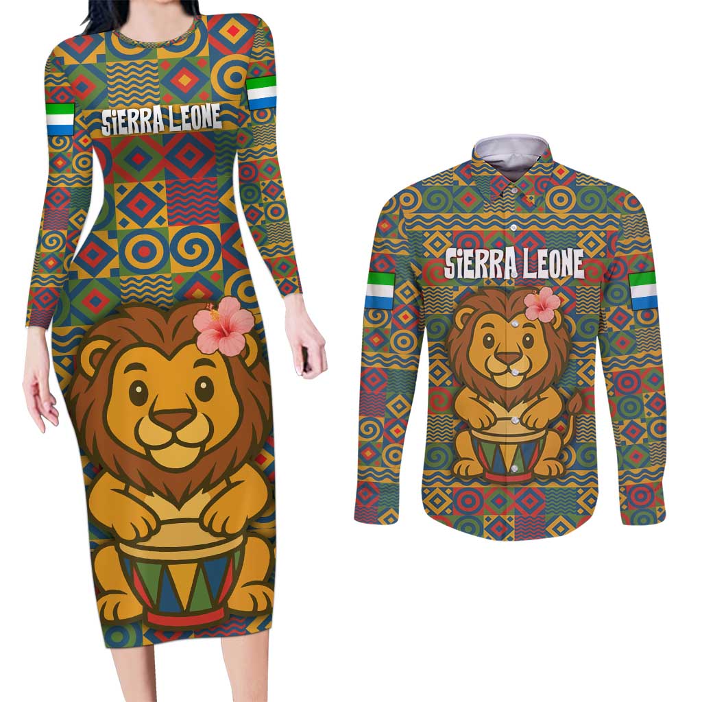 Sierra Leone Couples Matching Long Sleeve Bodycon Dress and Long Sleeve Button Shirt with Cute Lion Playing Djembe Drum and Tribal Pattern Design