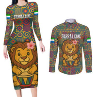 Sierra Leone Couples Matching Long Sleeve Bodycon Dress and Long Sleeve Button Shirt with Cute Lion Playing Djembe Drum and Tribal Pattern Design