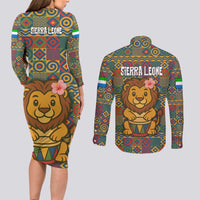 Sierra Leone Couples Matching Long Sleeve Bodycon Dress and Long Sleeve Button Shirt with Cute Lion Playing Djembe Drum and Tribal Pattern Design