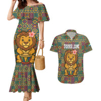 Sierra Leone Couples Matching Mermaid Dress and Hawaiian Shirt with Cute Lion Playing Djembe Drum and Tribal Pattern Design