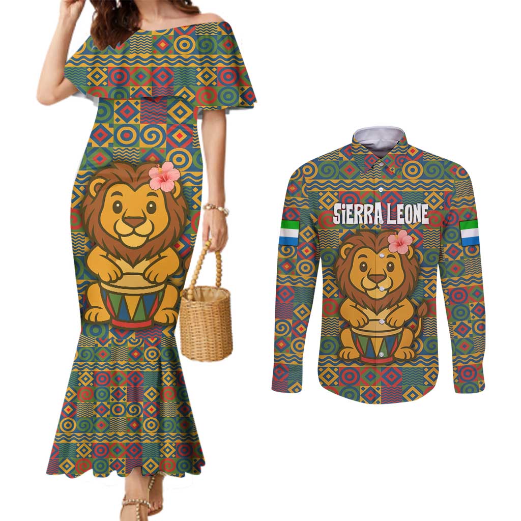 Sierra Leone Couples Matching Mermaid Dress and Long Sleeve Button Shirt with Cute Lion Playing Djembe Drum and Tribal Pattern Design