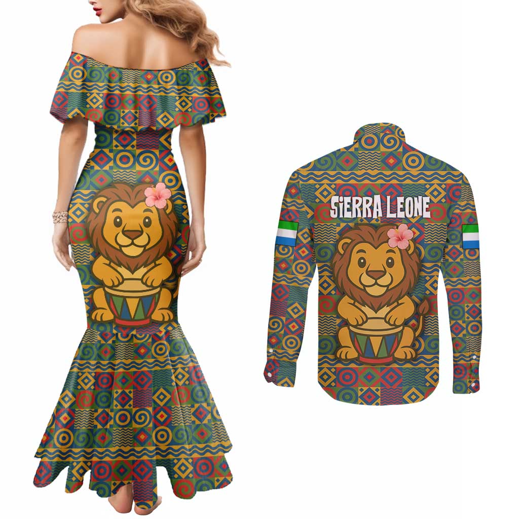 Sierra Leone Couples Matching Mermaid Dress and Long Sleeve Button Shirt with Cute Lion Playing Djembe Drum and Tribal Pattern Design