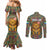 Sierra Leone Couples Matching Mermaid Dress and Long Sleeve Button Shirt with Cute Lion Playing Djembe Drum and Tribal Pattern Design