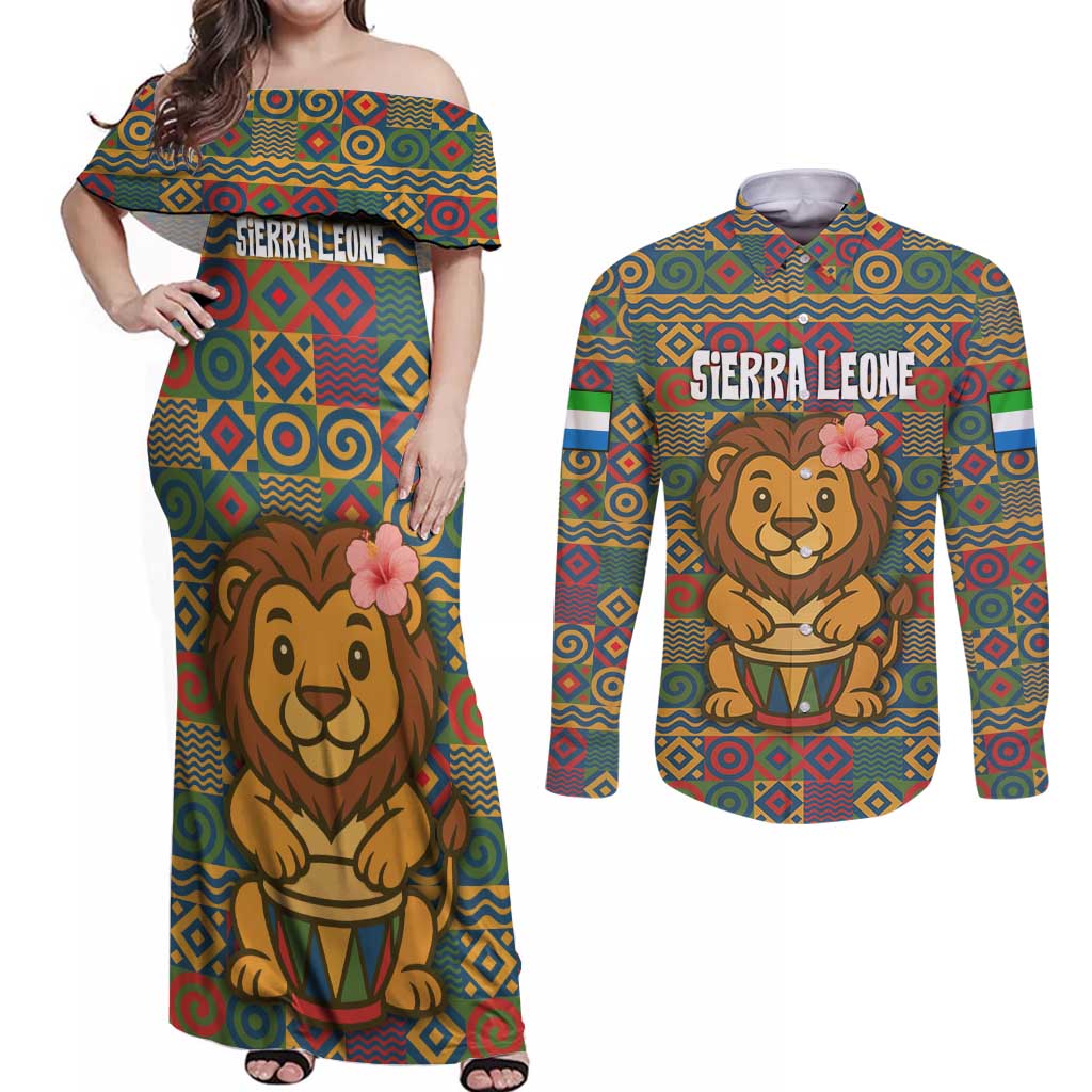 Sierra Leone Couples Matching Off Shoulder Maxi Dress and Long Sleeve Button Shirt with Cute Lion Playing Djembe Drum and Tribal Pattern Design