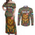 Sierra Leone Couples Matching Off Shoulder Maxi Dress and Long Sleeve Button Shirt with Cute Lion Playing Djembe Drum and Tribal Pattern Design
