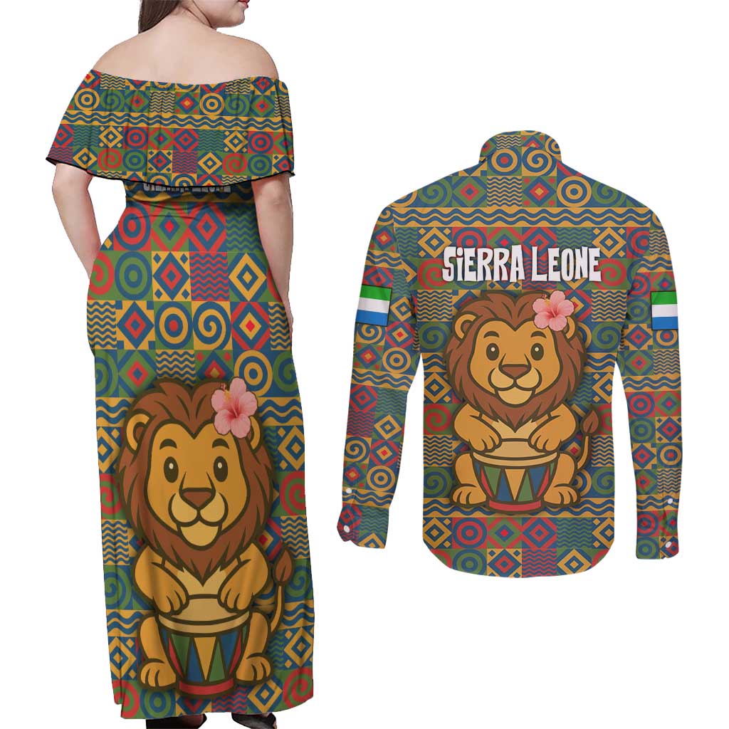 Sierra Leone Couples Matching Off Shoulder Maxi Dress and Long Sleeve Button Shirt with Cute Lion Playing Djembe Drum and Tribal Pattern Design