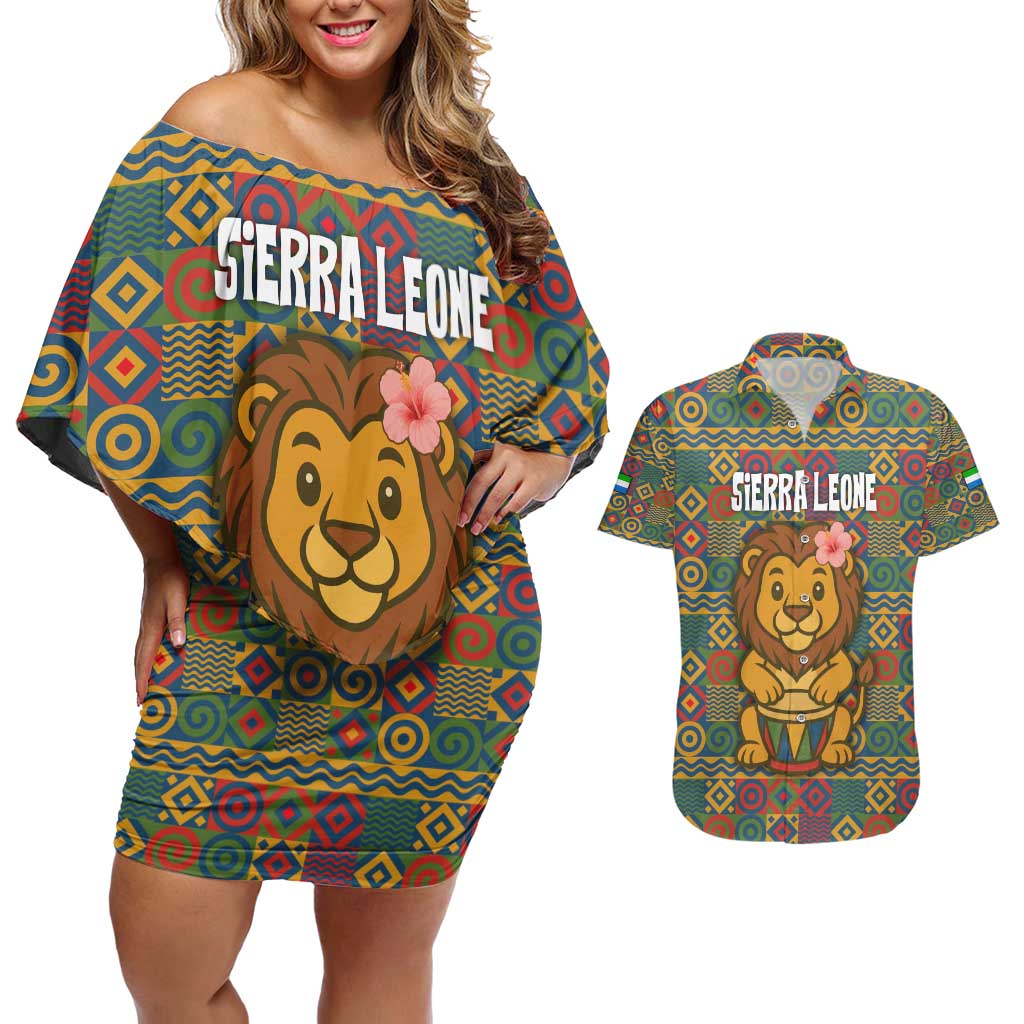 Sierra Leone Couples Matching Off Shoulder Short Dress and Hawaiian Shirt with Cute Lion Playing Djembe Drum and Tribal Pattern Design