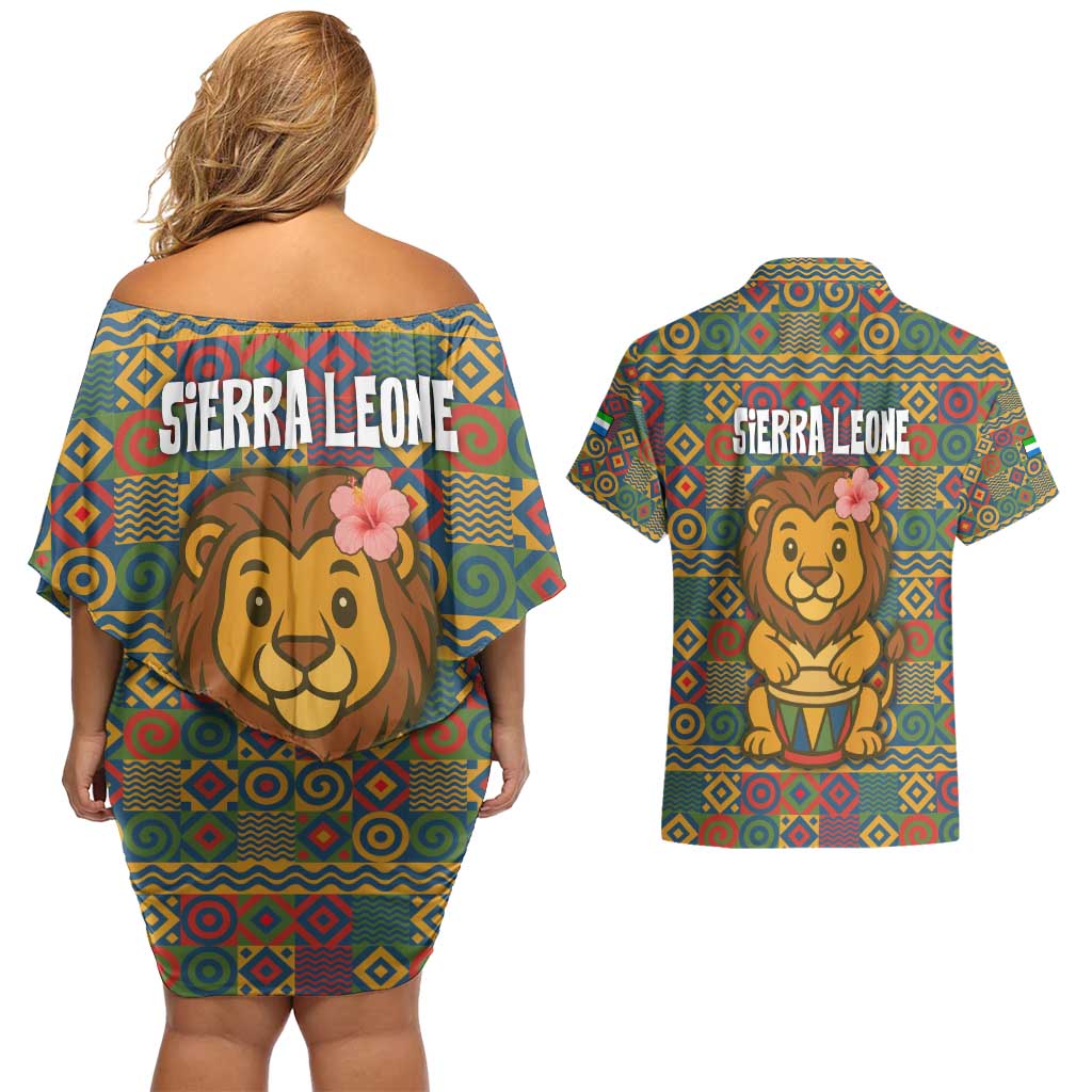 Sierra Leone Couples Matching Off Shoulder Short Dress and Hawaiian Shirt with Cute Lion Playing Djembe Drum and Tribal Pattern Design