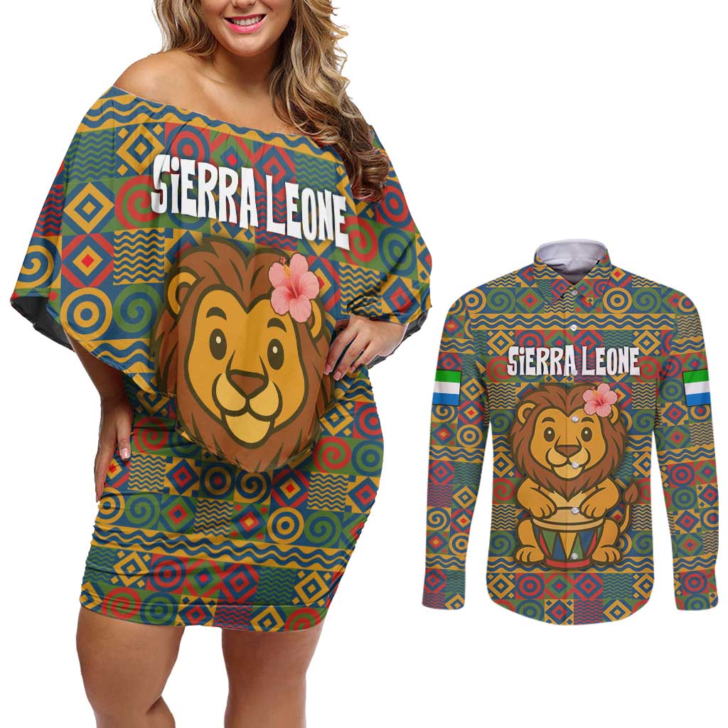 Sierra Leone Couples Matching Off Shoulder Short Dress and Long Sleeve Button Shirt with Cute Lion Playing Djembe Drum and Tribal Pattern Design