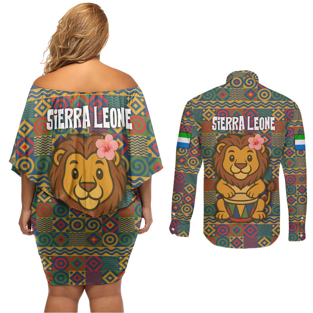 Sierra Leone Couples Matching Off Shoulder Short Dress and Long Sleeve Button Shirt with Cute Lion Playing Djembe Drum and Tribal Pattern Design