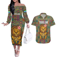 Sierra Leone Couples Matching Off The Shoulder Long Sleeve Dress and Hawaiian Shirt with Cute Lion Playing Djembe Drum and Tribal Pattern Design